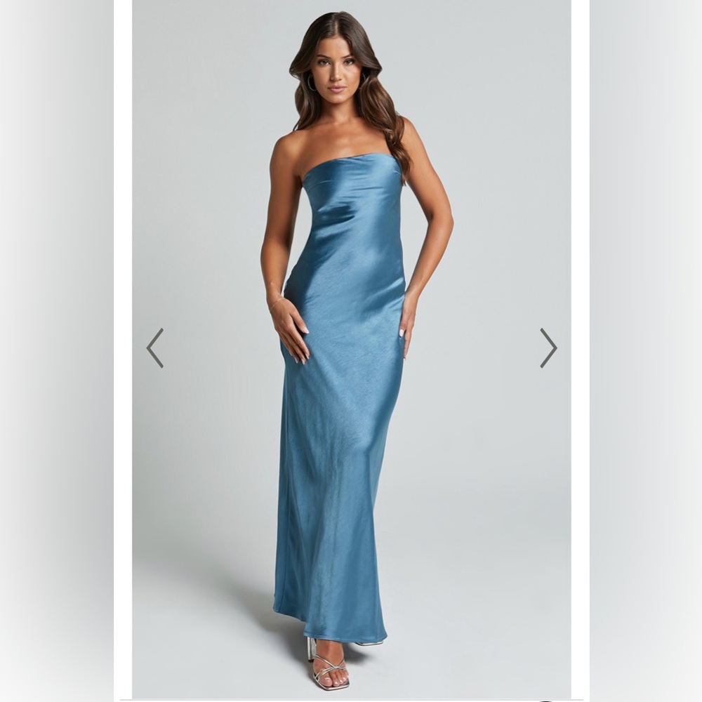 NWT SHOWPO CHARLITA MAXI DRESS - STRAPLESS COWL BACK SATIN DRESS IN STEEL BLUE